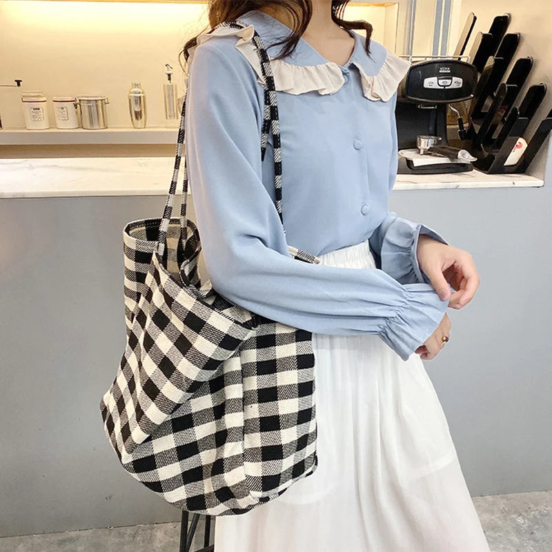 Plaid Women Shoulder Bag Cloth Fabric Shopping Bag Large Capacity Cotton Tote Ca