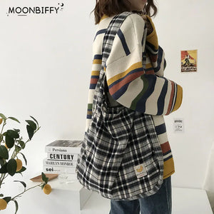 Plaid Women Shoulder Bag Soft Cloth Handbag Large Capacity Cotton Tote
