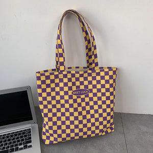 Plaid Zippered Canvas Bag for Women