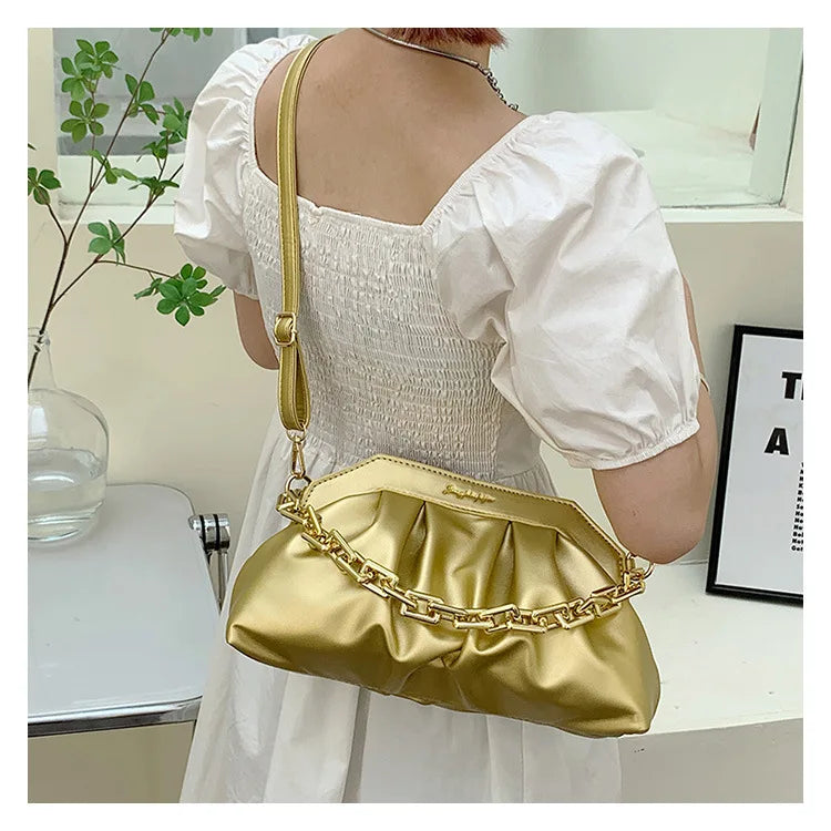 Pleated Retro Acrylic Chains Cloud Bag Ruched Shoulder Purse
