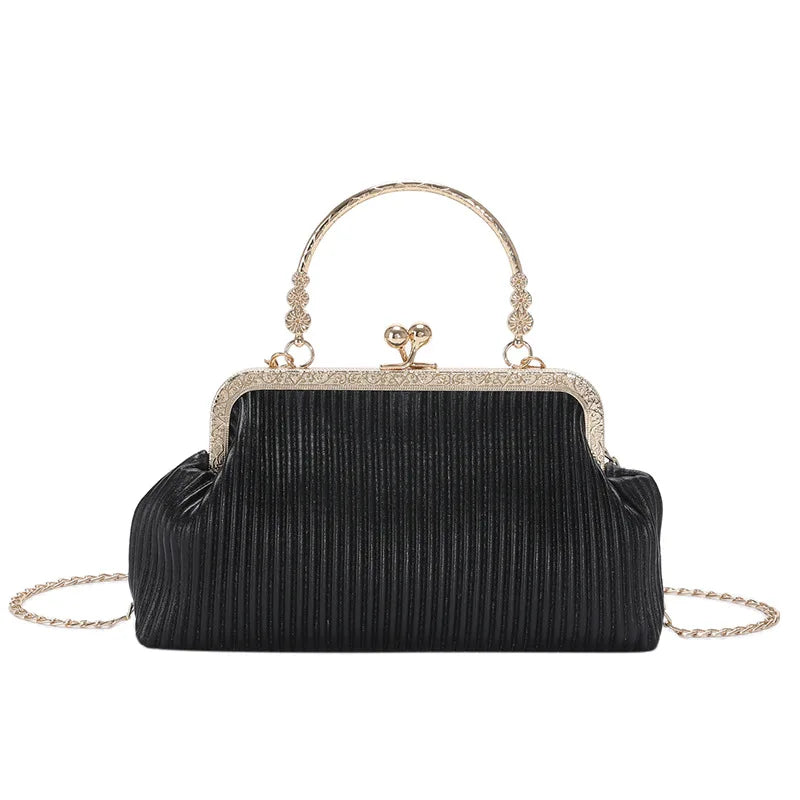 Pleated Messenger Bag Chain Purse Metal Handle Handbag Tote Bags for Women