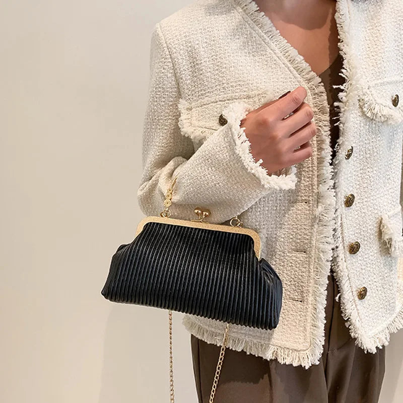Pleated Messenger Bag Chain Purse Metal Handle Handbag Tote Bags for Women