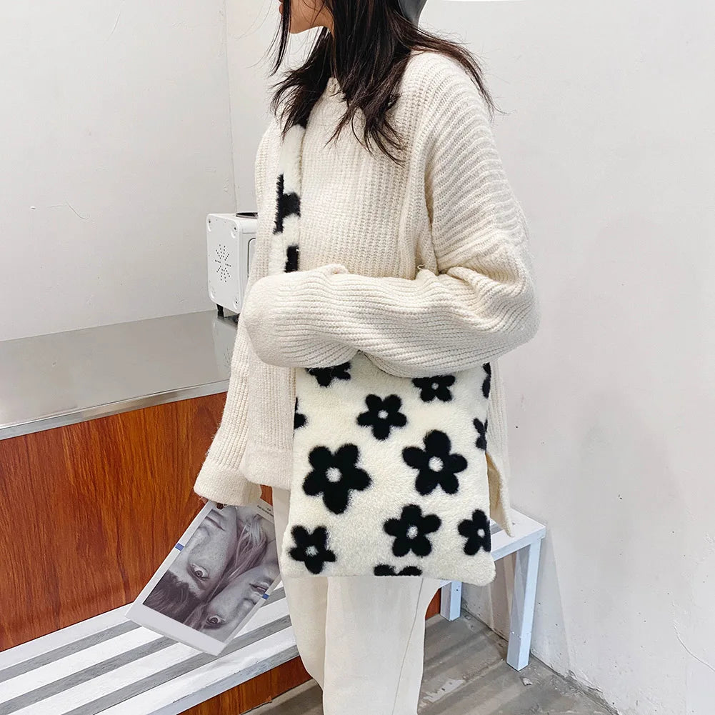 Women's Winter Soft Flower Print Shoulder Bag Purse Handbag Tote