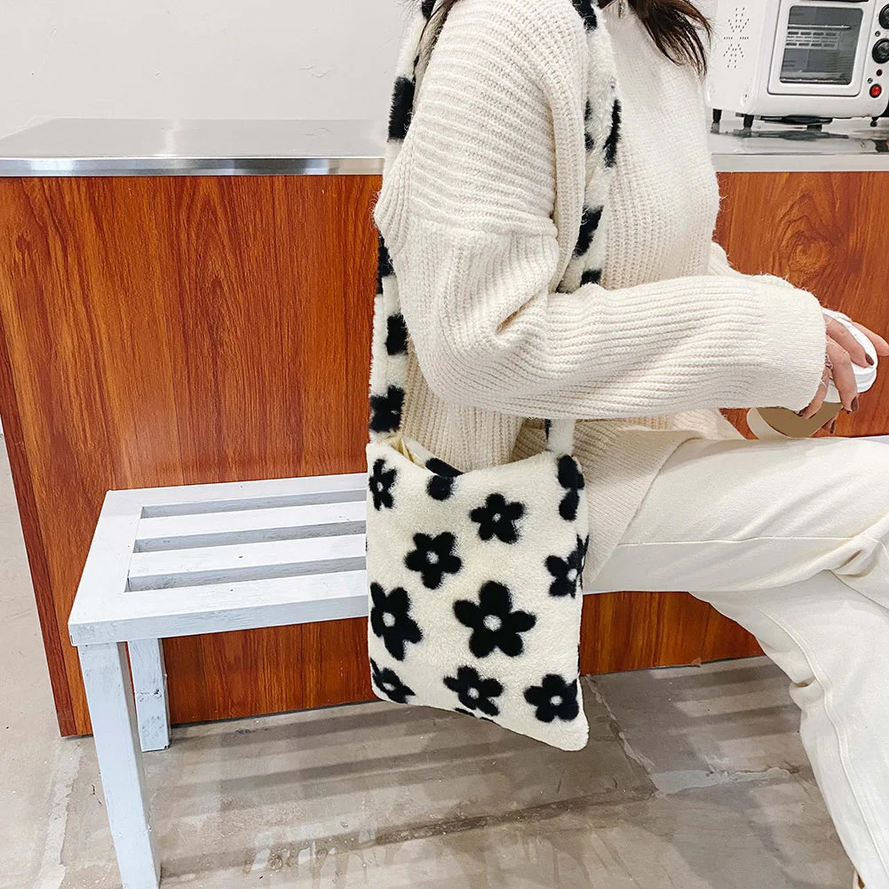 Women's Winter Soft Flower Print Shoulder Bag Purse Handbag Tote