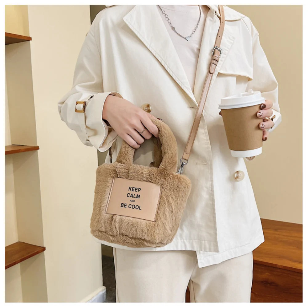 Vintage Warm Plush Shoulder Handbag Women Crossbody Bucket Bag