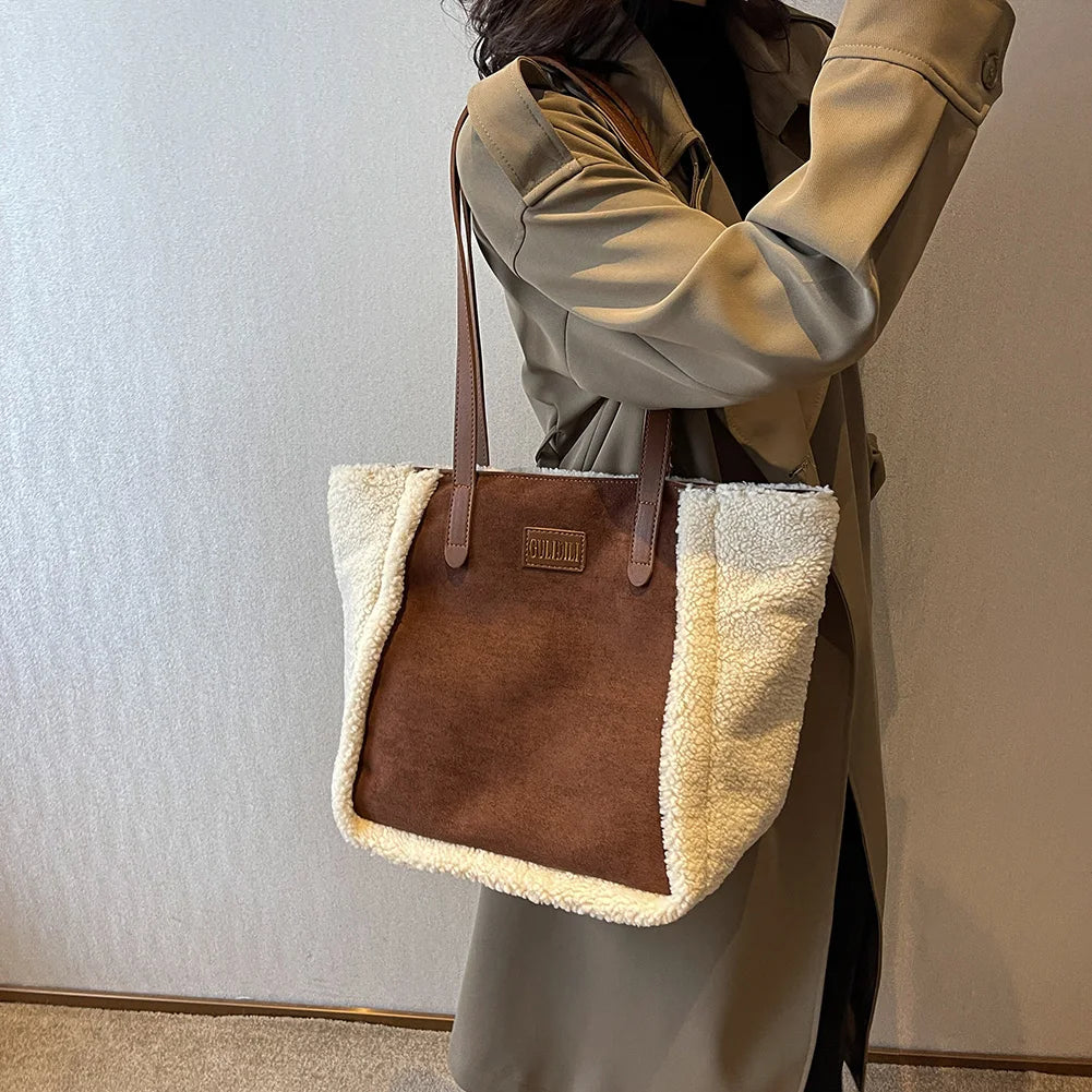 Plush Splicing Commute Bag Large Capacity Top-handle Bag