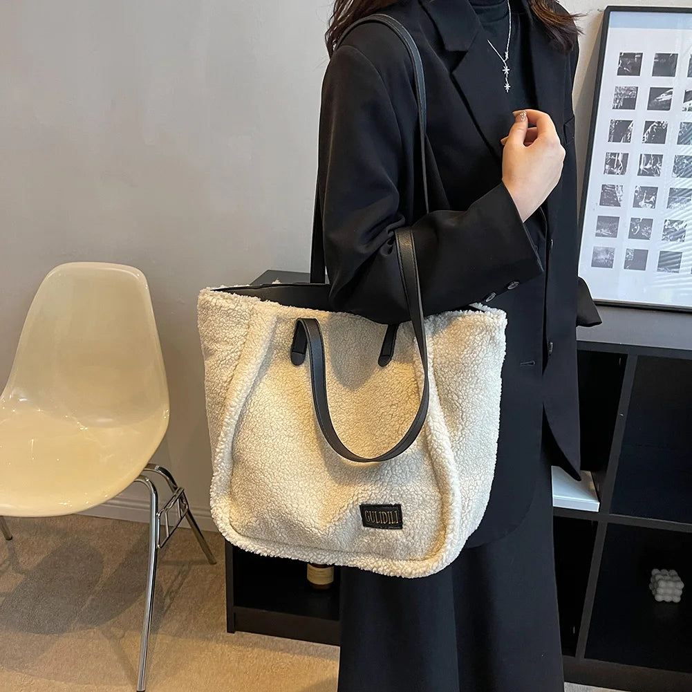 Plush Splicing Commute Bag Large Capacity Top-handle Bag