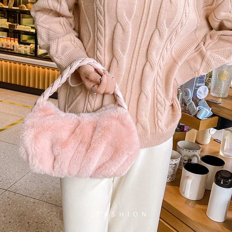 Plush Twist Braid Handbag Top Handle Tote Bag