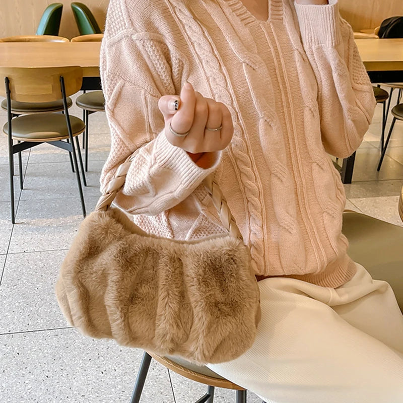 Plush Twist Braid Handbag Top Handle Tote Bag