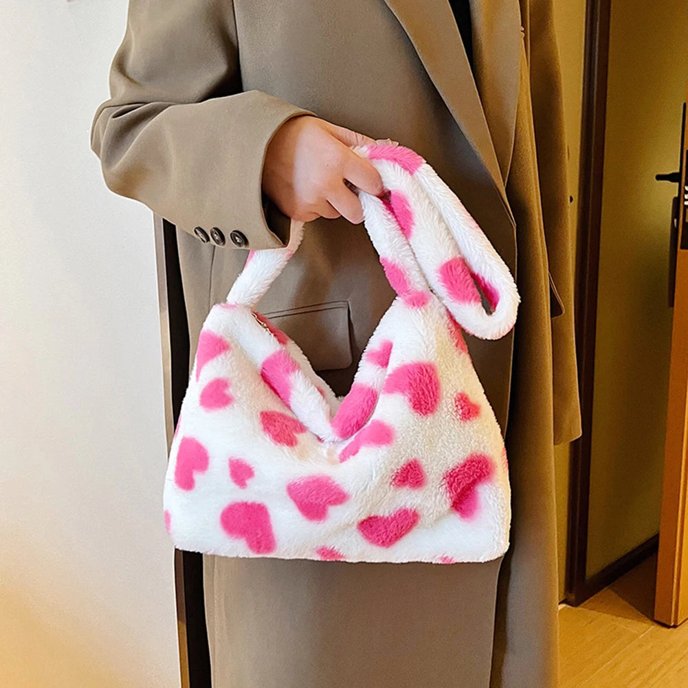 Fluffy Women Handbags Love Heart Print Soft Portable