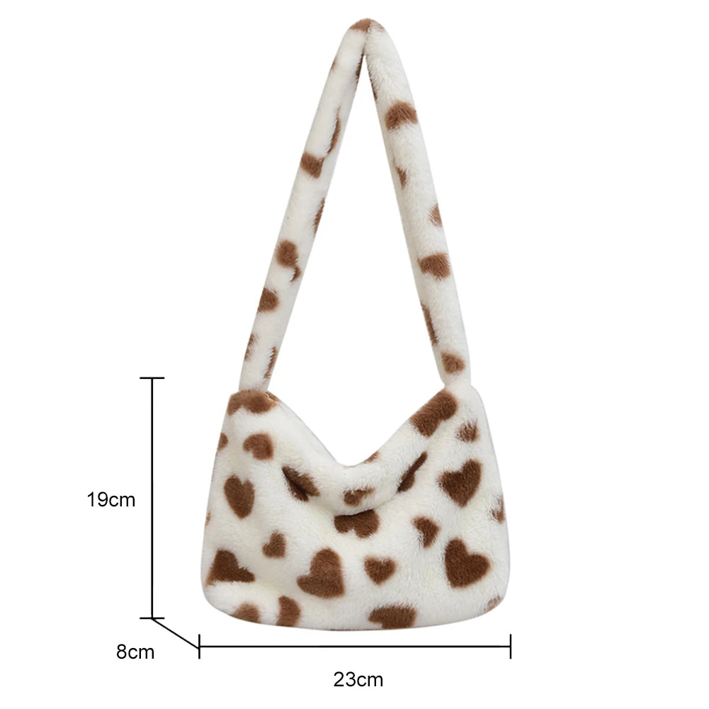 Fluffy Women Handbags Love Heart Print Soft Portable