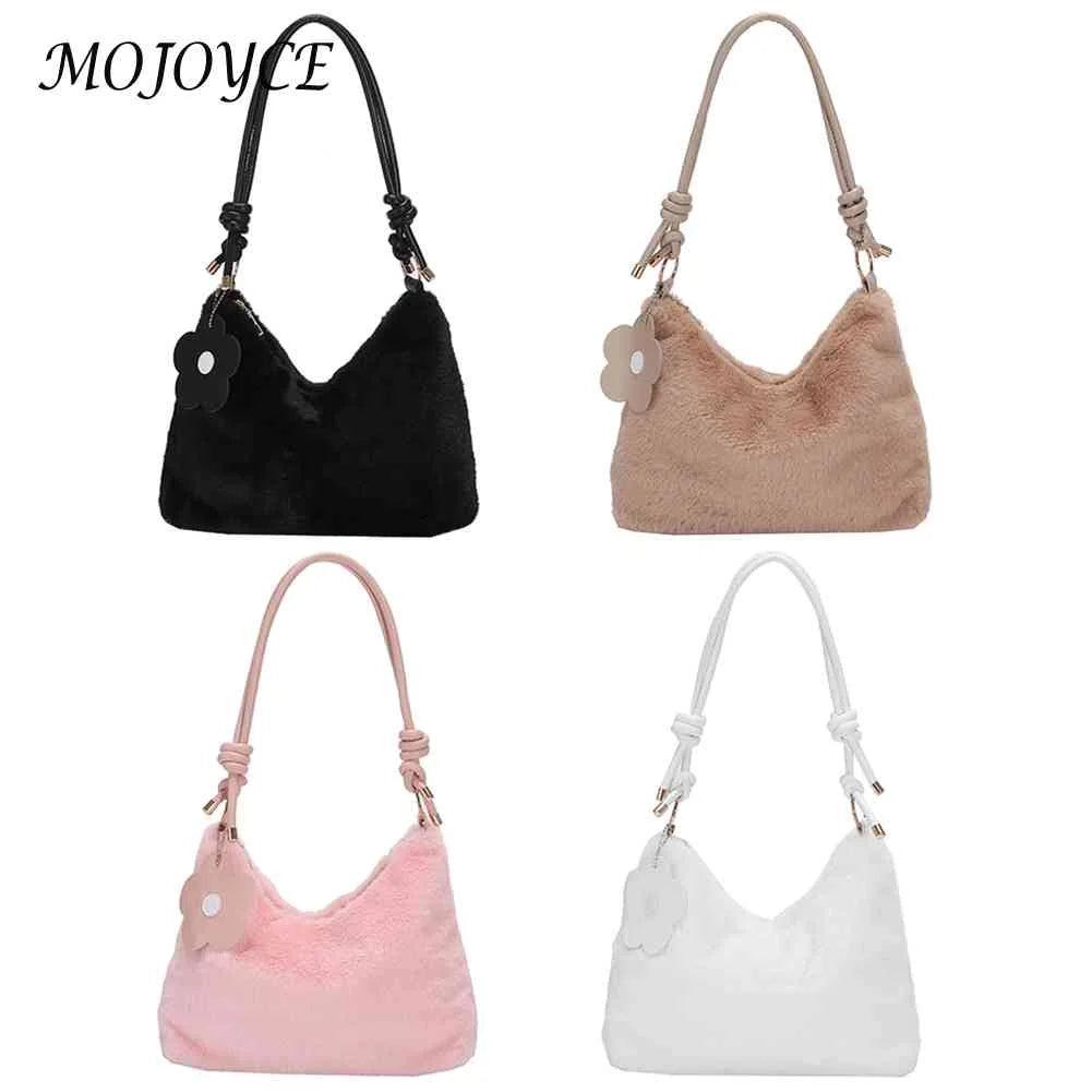 Plush Women Shoulder Bag PU Strap Commute Bag with Flower Pendant