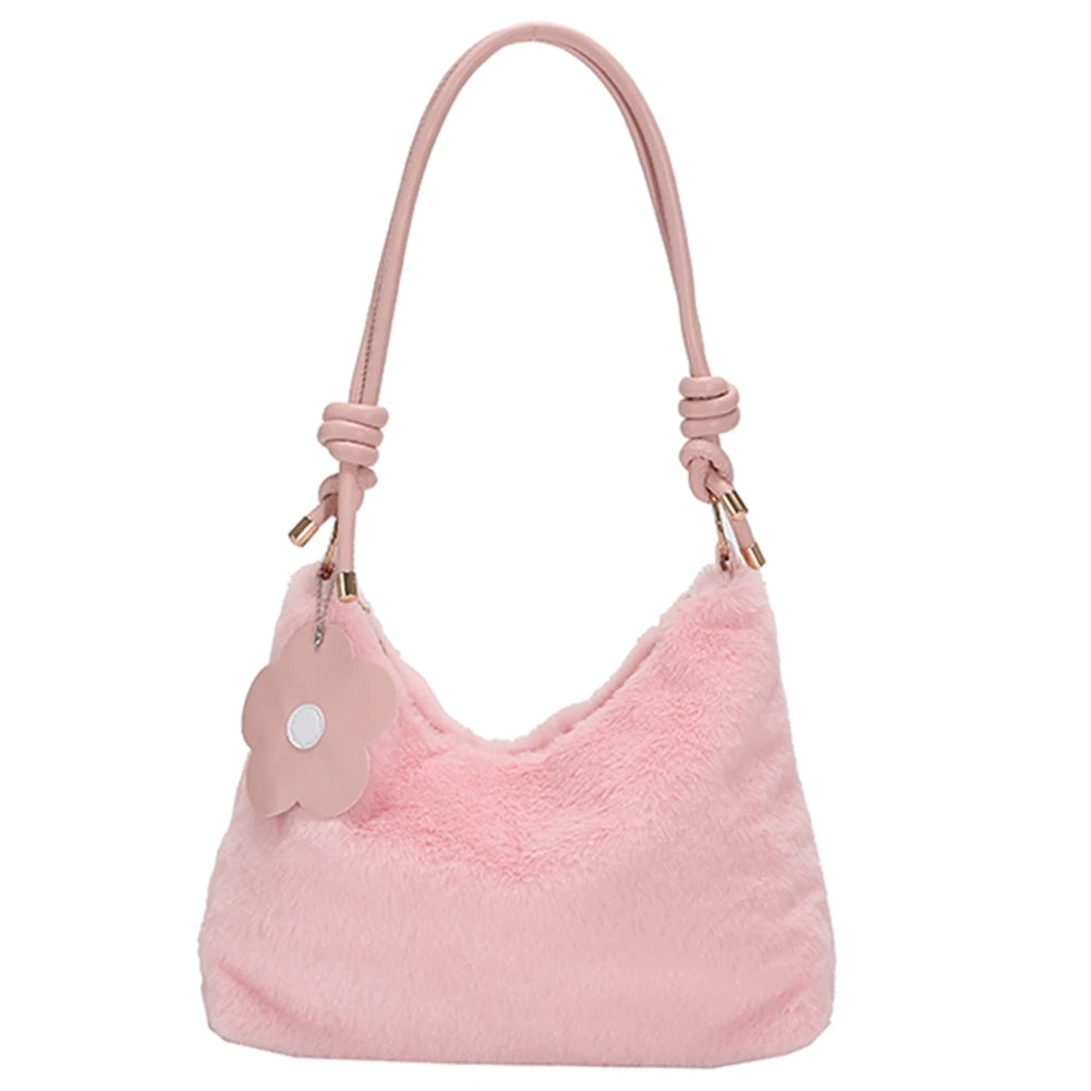 Plush Women Shoulder Bag with Flower Strap Soft Solid Handbags
