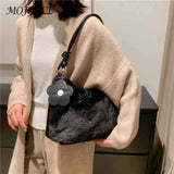 Soft Plush Women Shoulder Bag with Flower Pendant