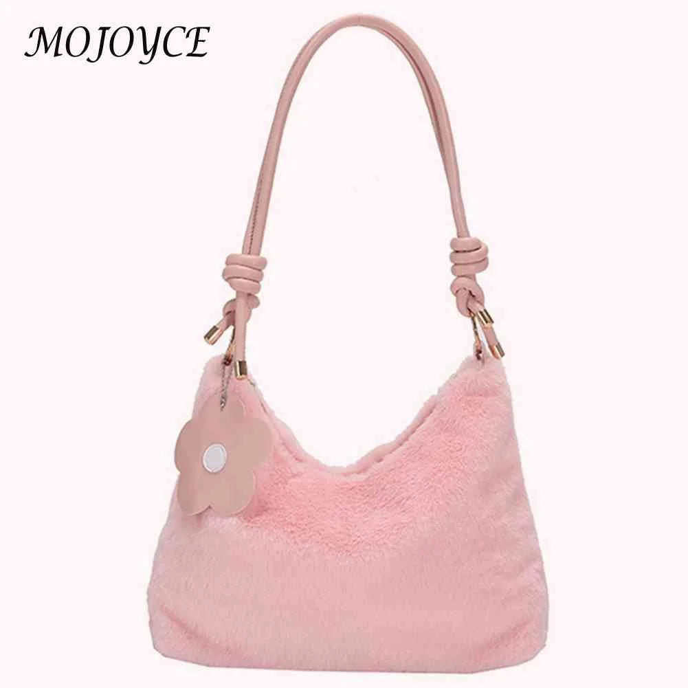 Soft Plush Women Shoulder Bag with Flower Pendant