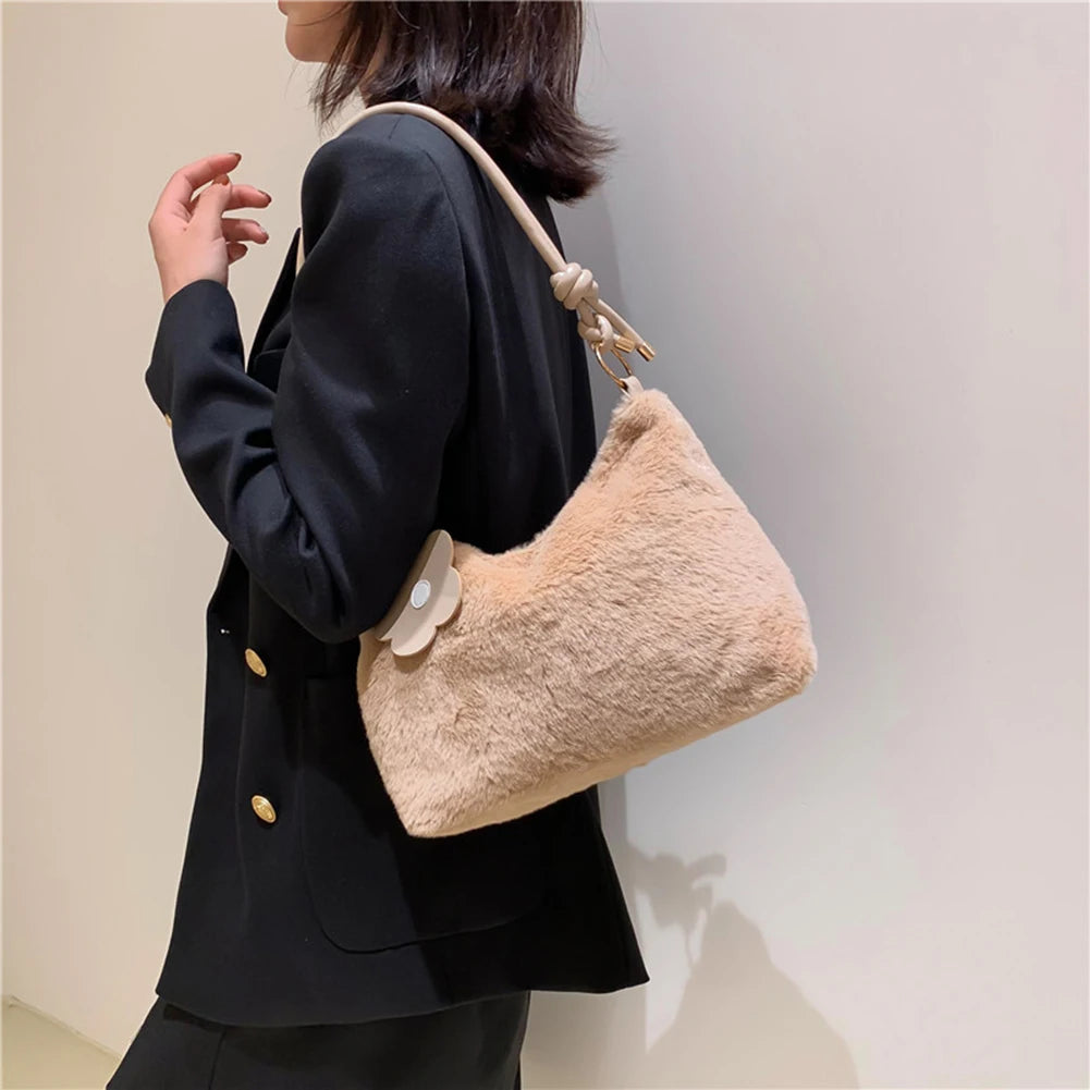 Plush Women Shoulder Bag with Flower Strap Soft Solid Handbags