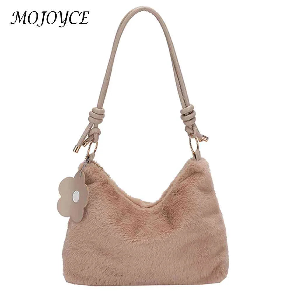 Plush Women Shoulder Bag with Flower Pendant