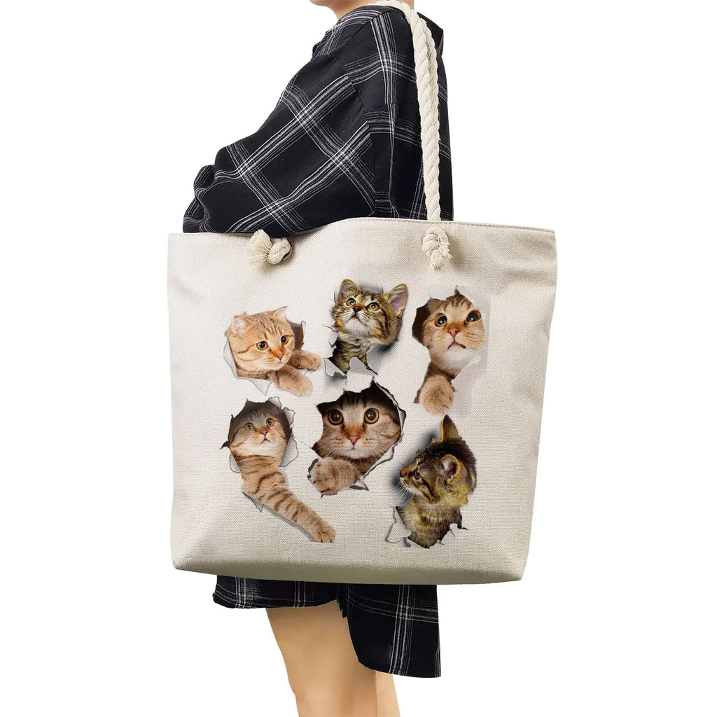 Cartoon Cat Print Eco Reusable Grocery Tote Bag