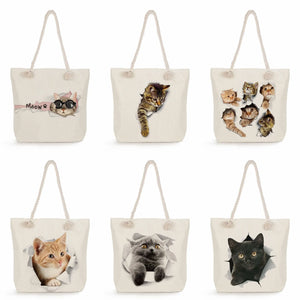Cartoon Cat Print Eco Reusable Grocery Tote Bag