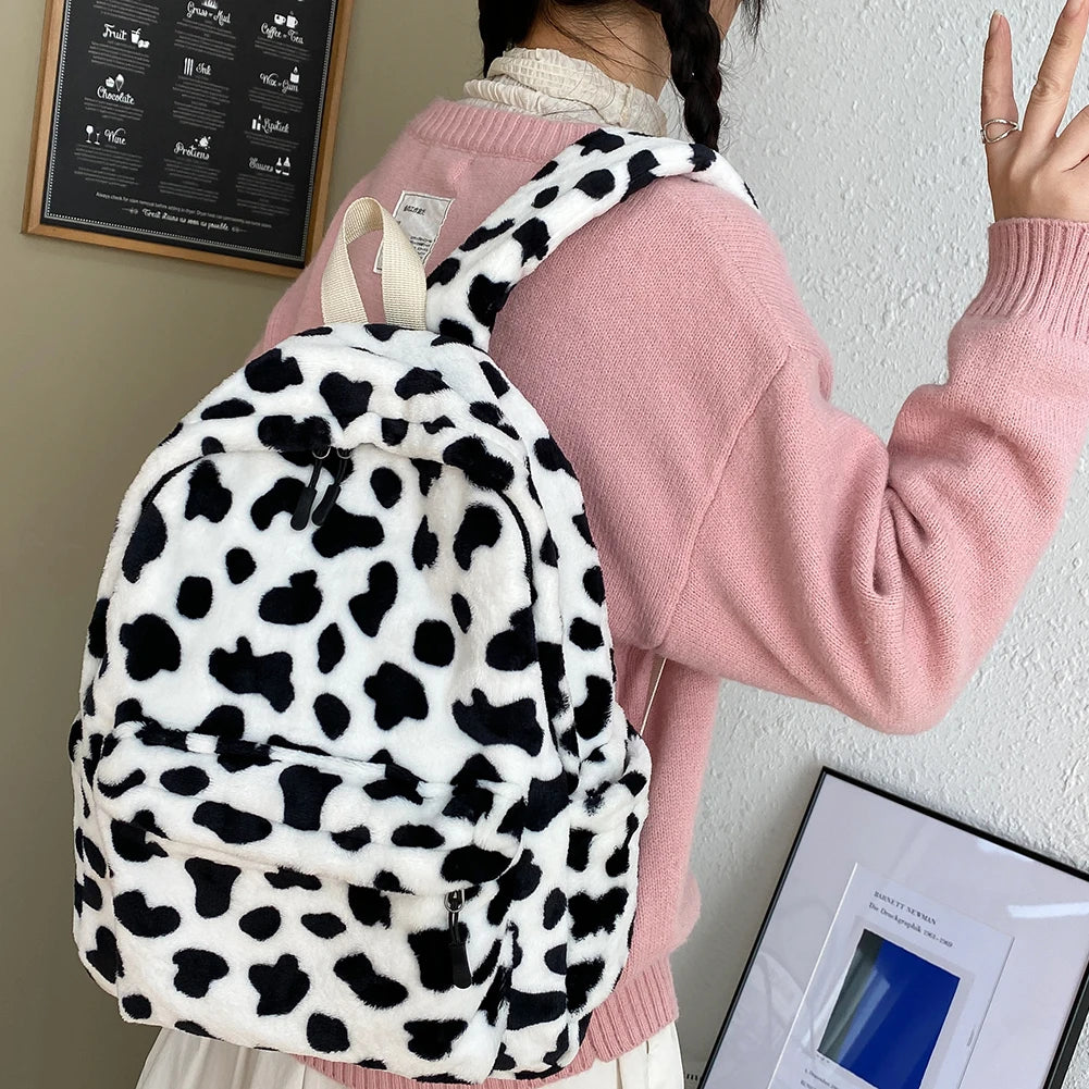 Plush Animal Print Handbag Women Shoulder Backpack