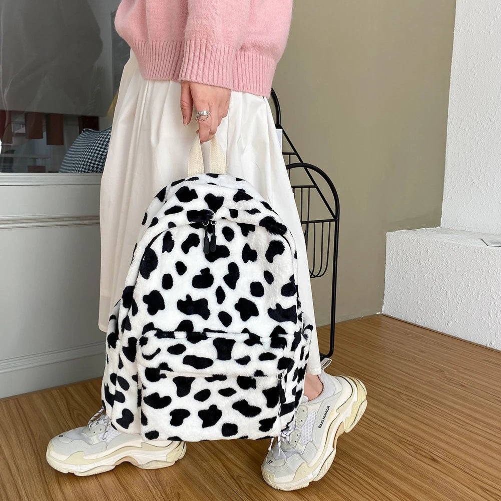 Plush Animal Print Handbag Women Shoulder Backpack