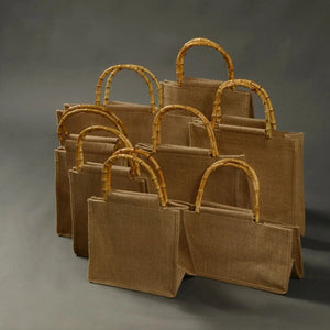 Burlap Jute Shopping Bag Handbag with Bamboo Loop Handles