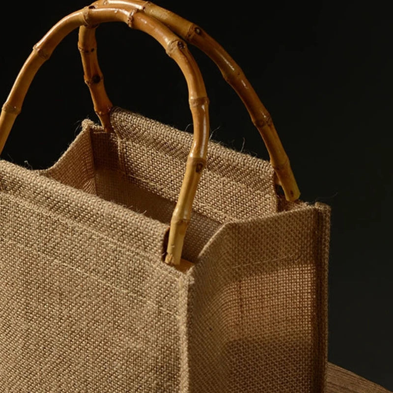 Burlap Jute Shopping Bag Handbag with Bamboo Loop Handles
