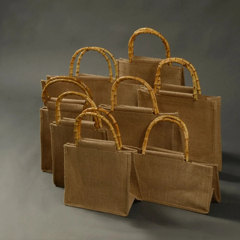 Burlap Jute Shopping Bag Handbag Bamboo Loop Handles Tote