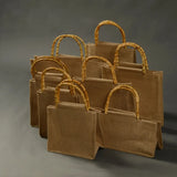 Burlap Jute Shopping Bag Handbag Bamboo Loop Handles Tote