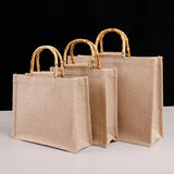 Burlap Jute Shopping Bag Bamboo Loop Handles Tote Grocery Bags