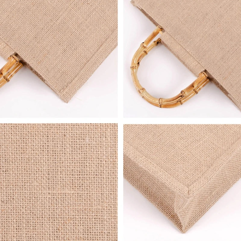 Burlap Jute Shopping Bag Bamboo Loop Handles Tote Grocery Bags