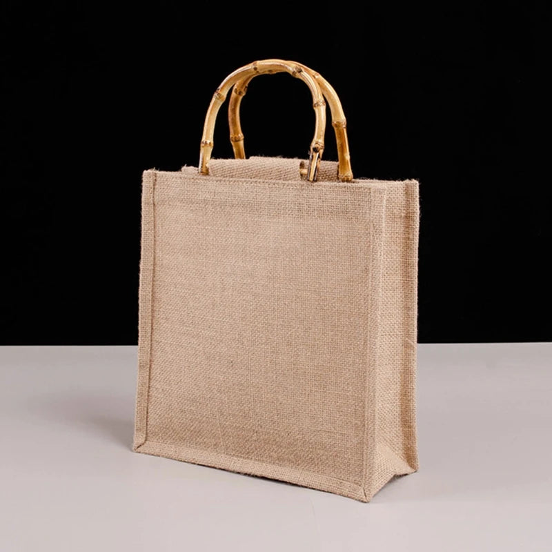 Burlap Jute Shopping Bag Bamboo Loop Handles Tote Grocery Bags
