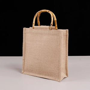 Burlap Jute Shopping Bag Bamboo Loop Handles Tote Grocery Bags
