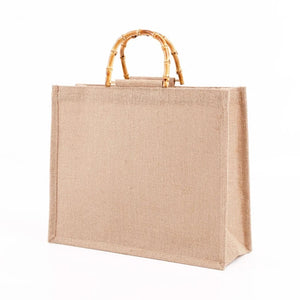 Burlap Jute Shopping Bag Bamboo Loop Handles Tote Grocery Bags