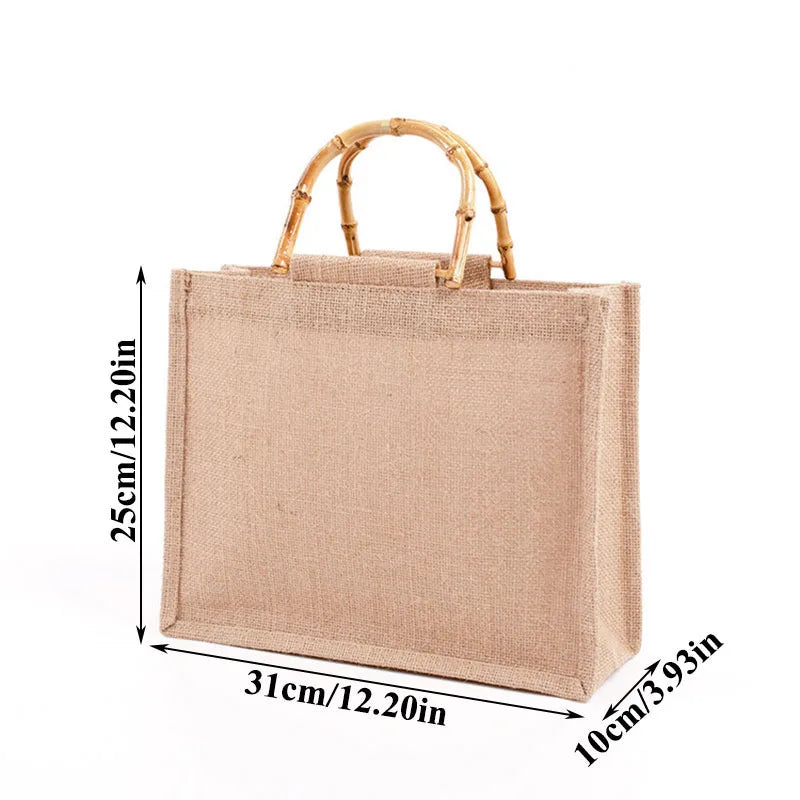 Burlap Jute Shopping Bag Handbag Bamboo Loop Handles Tote Beach Bag