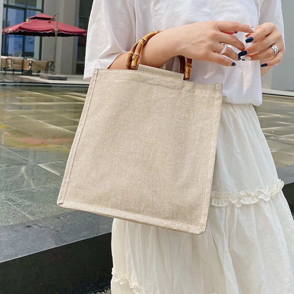 Burlap Jute Shopping Bag Handbag Bamboo Handle Tote DIY Bag Women