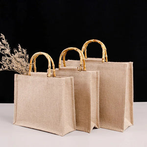 Burlap Jute Shopping Bag Handbag Bamboo Loop Handles Tote Beach Bag