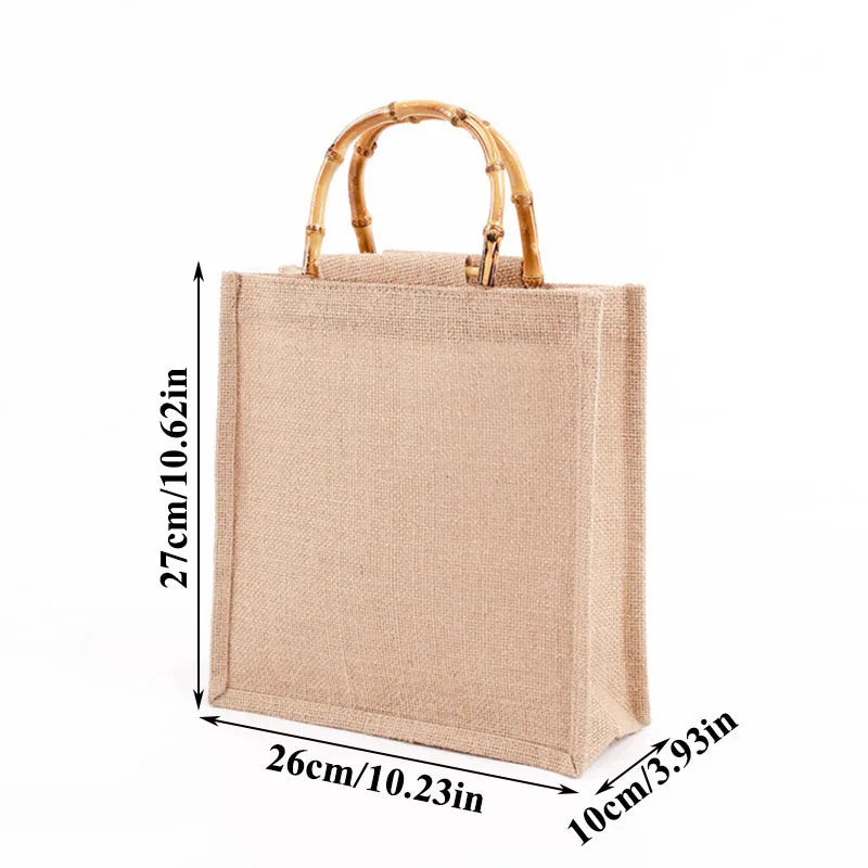 Burlap Jute Shopping Bag Handbag Bamboo Loop Handles Tote Beach Bag