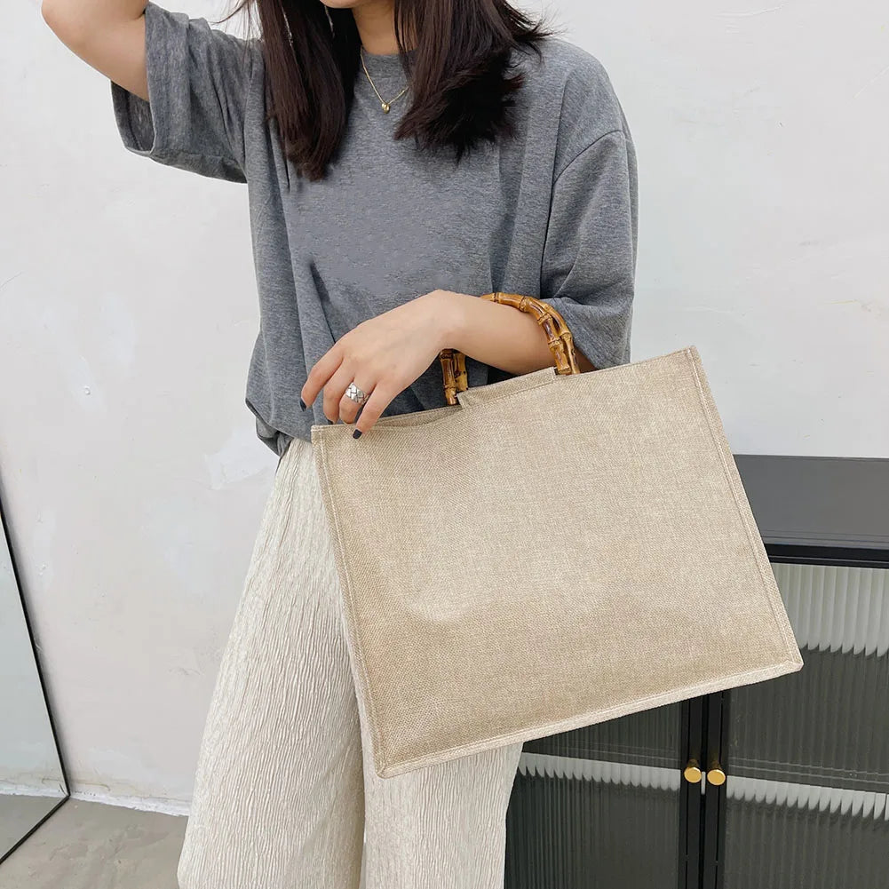 Burlap Jute Shopping Bag Handbag Bamboo Handle Tote DIY Bag Women