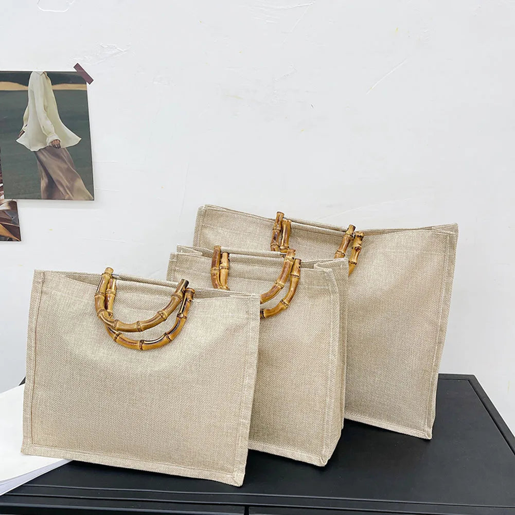 Burlap Jute Shopping Bag Handbag Bamboo Handle Tote DIY Bag Women