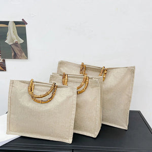 Burlap Jute Shopping Bag Handbag Bamboo Handle Tote DIY Bag Women