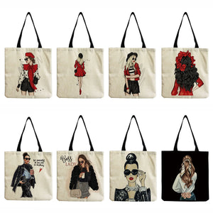 Cartoon Hipster Urban Woman Print Tote Bag Shopper Bag