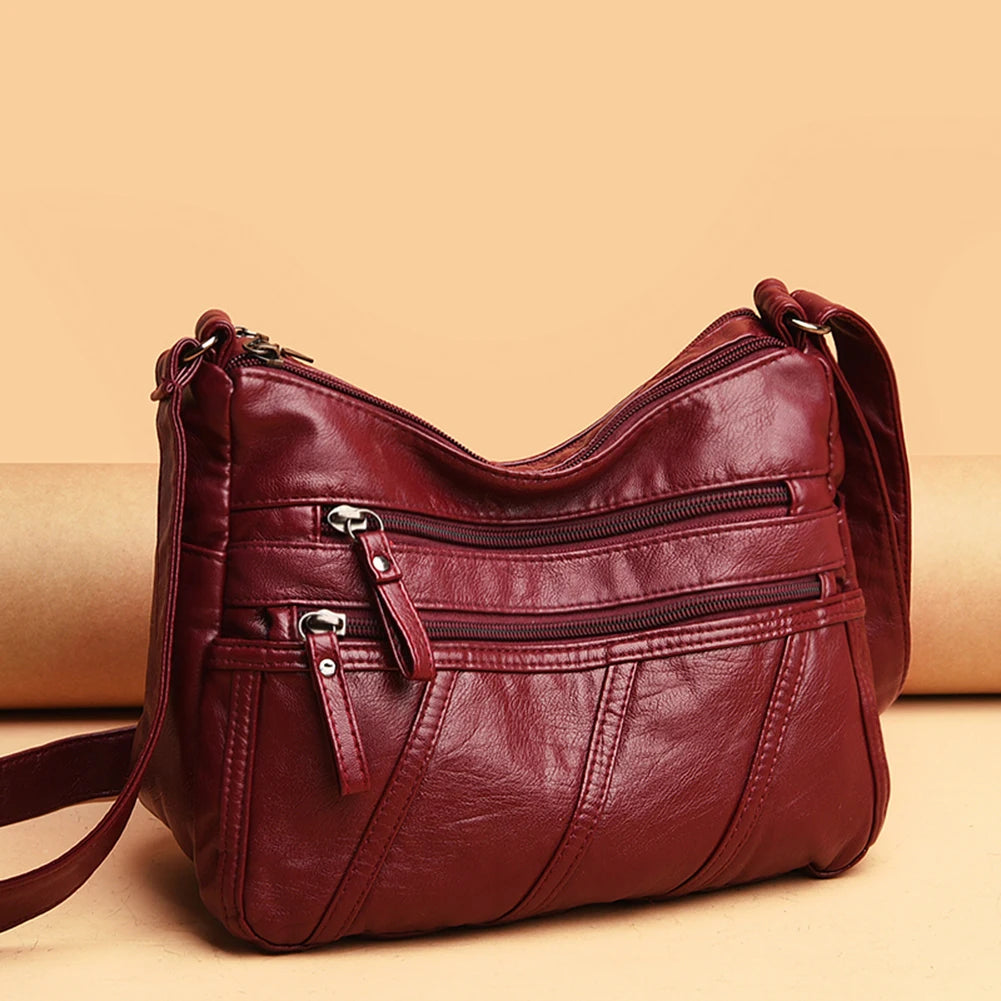 Casual Women PU Leather Crossbody Bag Large Capacity Multi-zipper Bag
