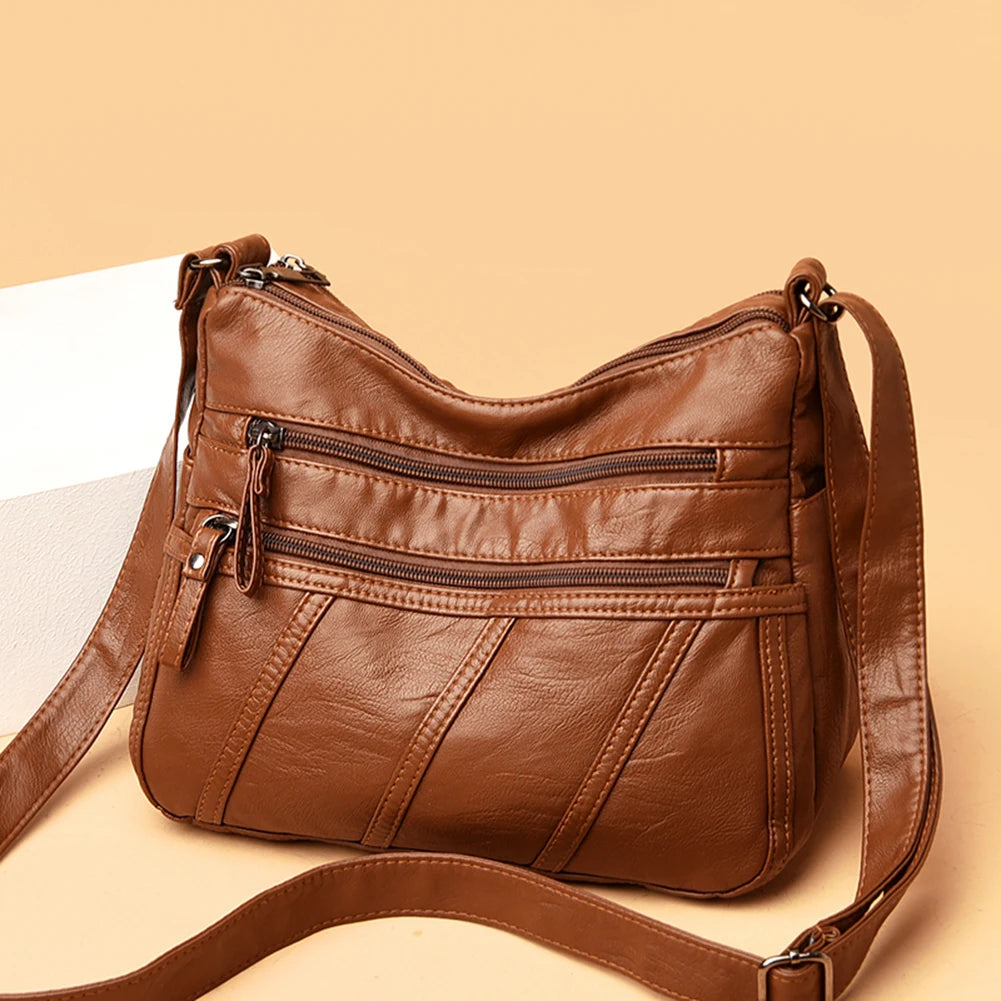 Casual Women PU Leather Crossbody Bag Large Capacity Multi-zipper Bag