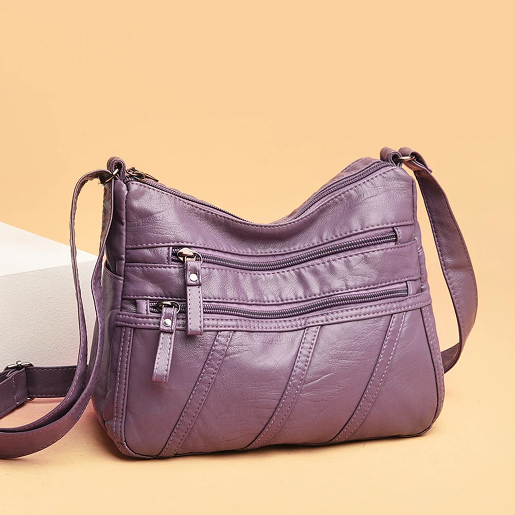 Casual Women PU Leather Crossbody Bag Large Capacity Multi-zipper Bag