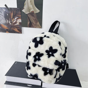 Flowers Printing Plush Backpack Casual Ladies Knapsack