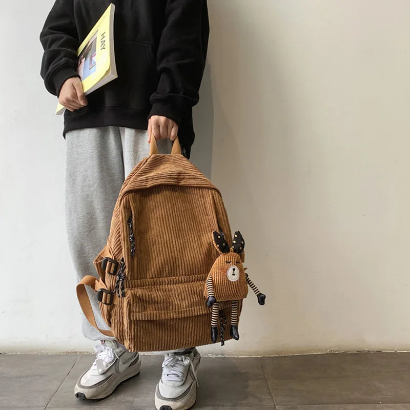 Preppy Retro Corduroy Solid Backpack Junior School Student Schoolbag