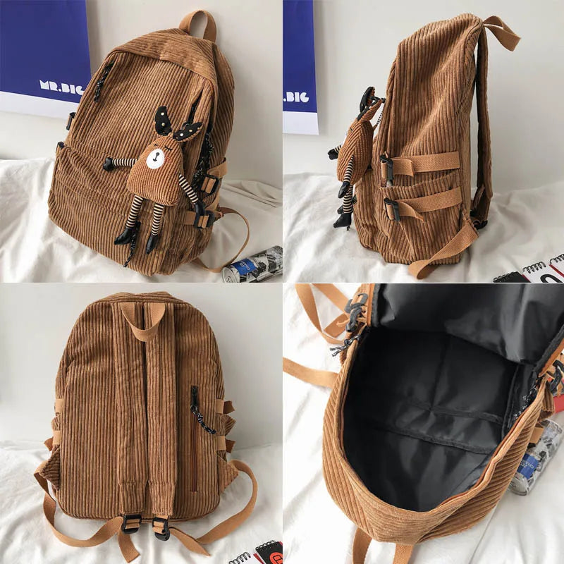 Preppy Retro Corduroy Solid Backpack Junior School Student Schoolbag