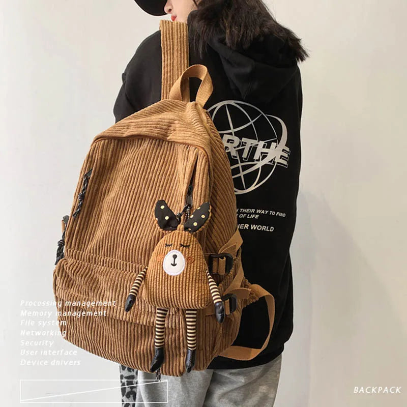 Preppy Retro Corduroy Solid Backpack Junior School Student Schoolbag