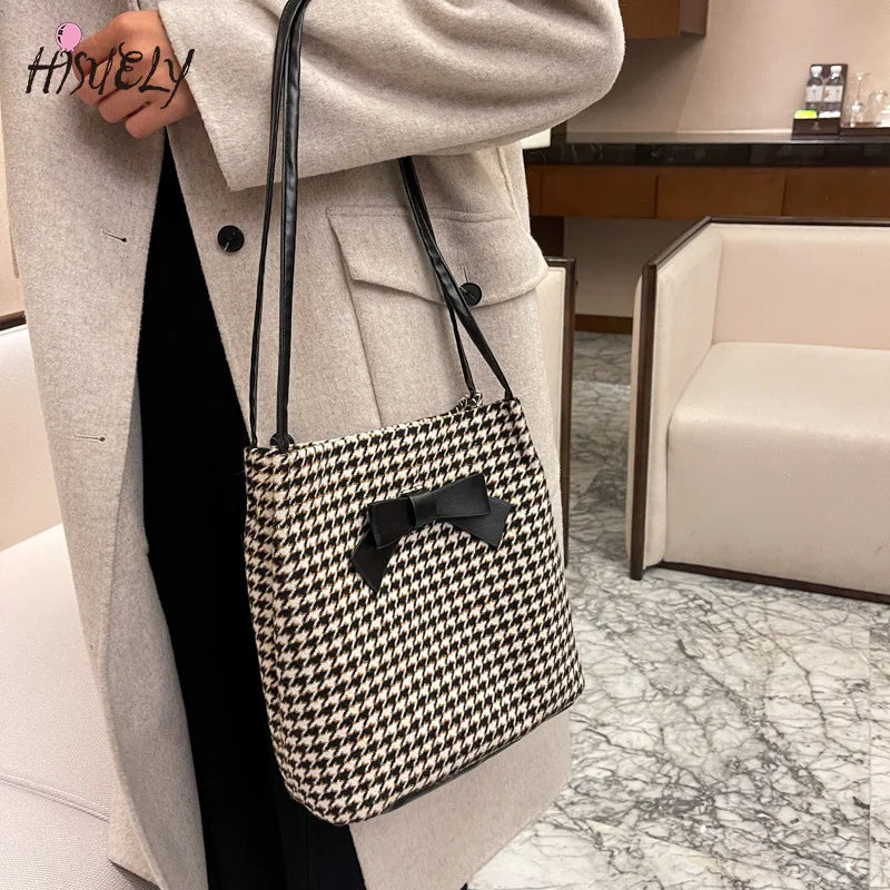Bow Bucket Bag Women's Autumn and Winter High-capacity Shoulder Bag